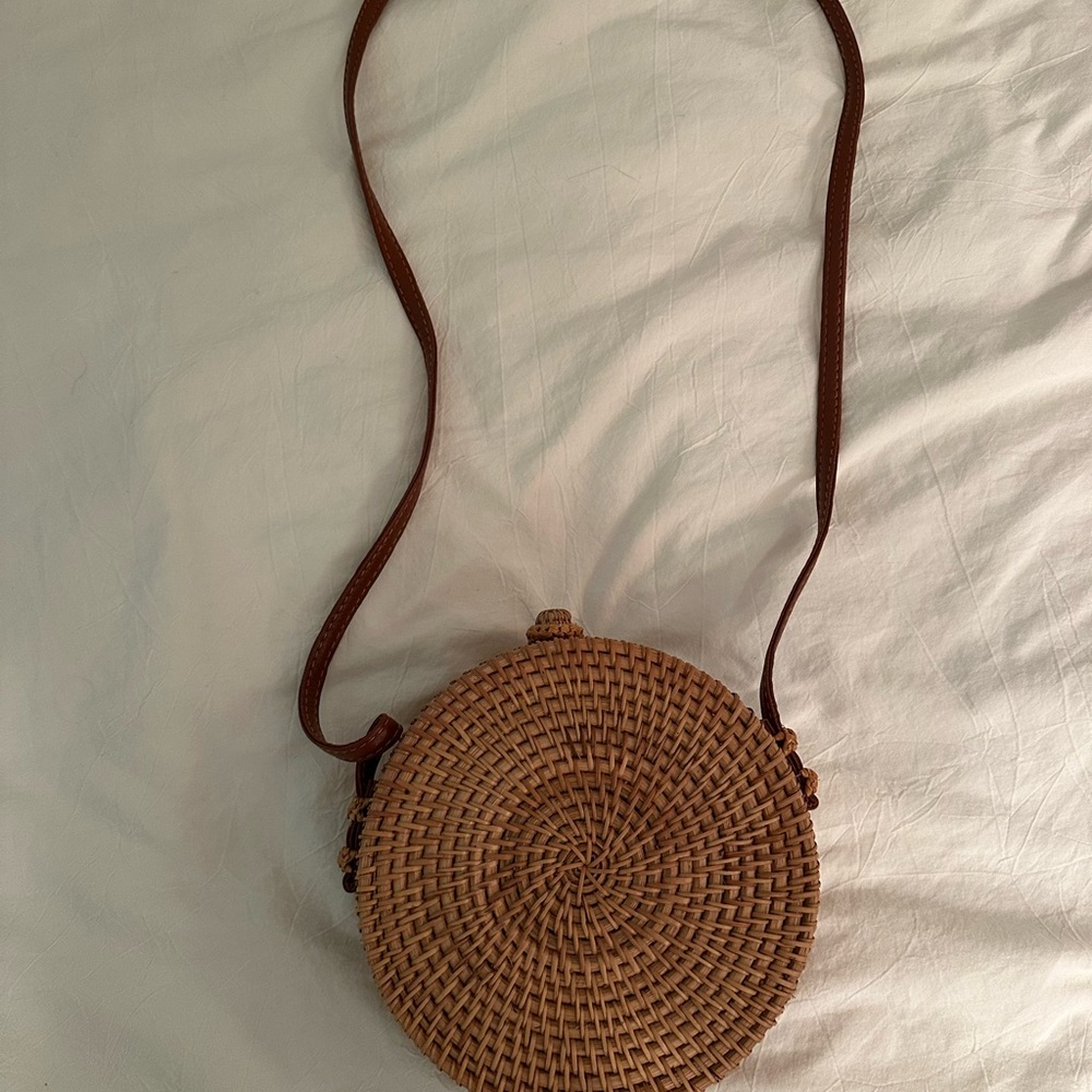 Brown Woven Round Crossbody Bag